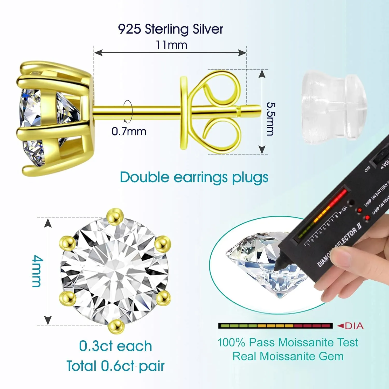 0.6-6ct Moissanite Stud Earrings for Men Women, 6-Prong White Gold Plated 925 Sterling Silver Moissanite Earrings, Jewelry Present for Her Mother Mom Wife (Yellow Gold Plated, 0.6ct pair/ 0.3ct each)