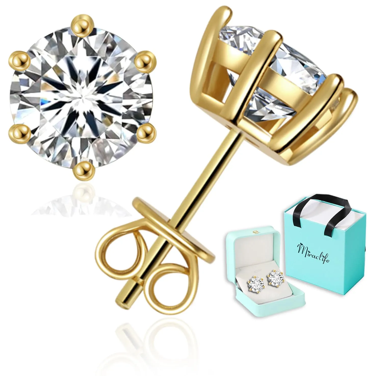 0.6-6ct Moissanite Stud Earrings for Men Women, 6-Prong White Gold Plated 925 Sterling Silver Moissanite Earrings, Jewelry Present for Her Mother Mom Wife (Yellow Gold Plated, 0.6ct pair/ 0.3ct each)