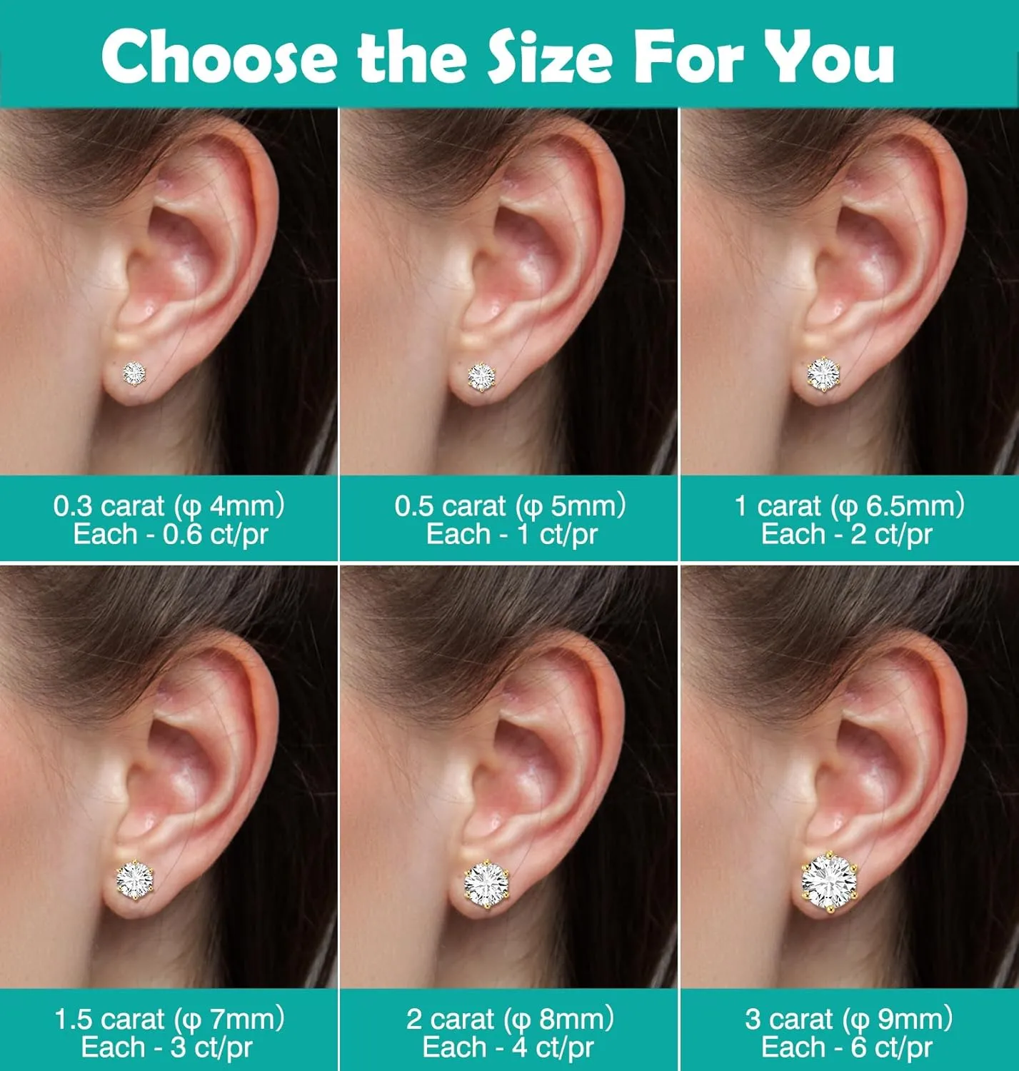 0.6-6ct Moissanite Stud Earrings for Men Women, 6-Prong White Gold Plated 925 Sterling Silver Moissanite Earrings, Jewelry Present for Her Mother Mom Wife (Yellow Gold Plated, 0.6ct pair/ 0.3ct each)