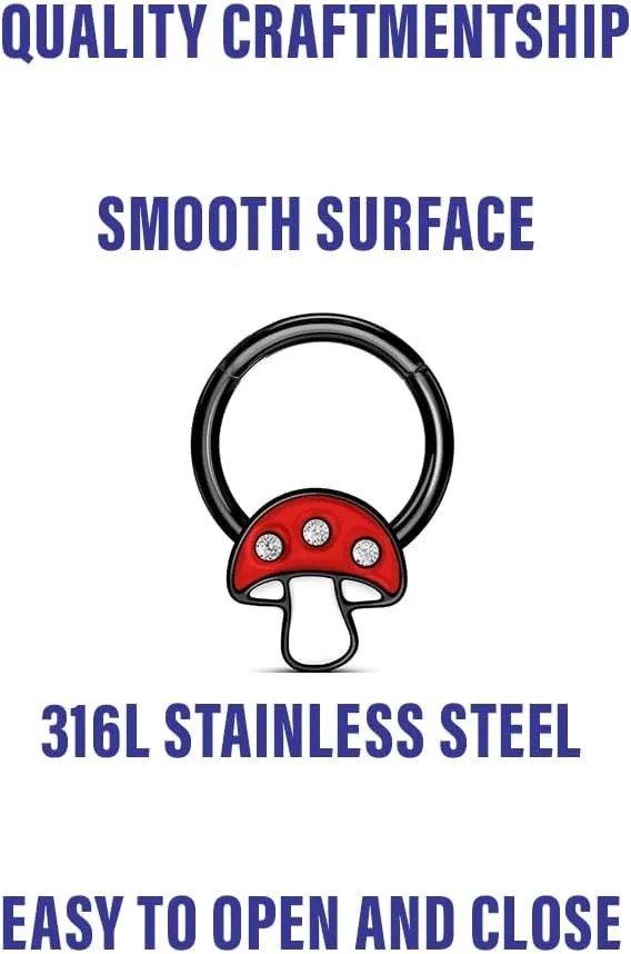 1-16 Gauge Purple or Red Mushroom Septum Nose Ear Lip Captive CBR Ring Stainless Steel Helix Tragus Piercing Jewelry