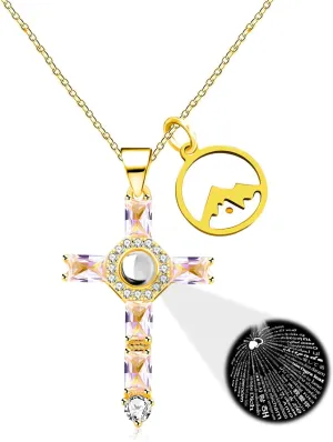 100 Languages I Love You Projection Necklace, Stainless Steel Chain Christian Faith Necklace, Mustard Seed Religious Jewelry with Rectangle AAA  Cubic Zirconia, Ideal for Women