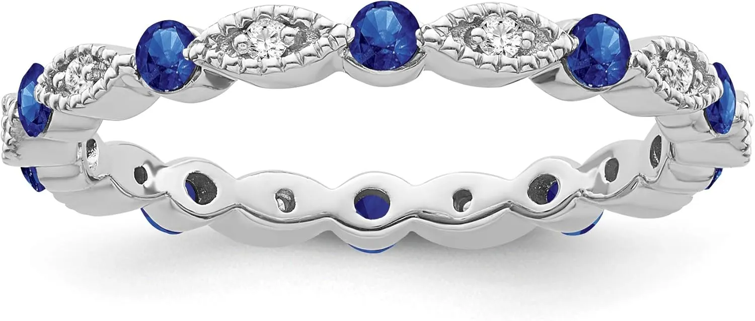 10K Gold or Silver Diamond and Blue Sapphire Eternity Band Ring (1/10 cttw, I-J Color, I2-I3 Clarity)
