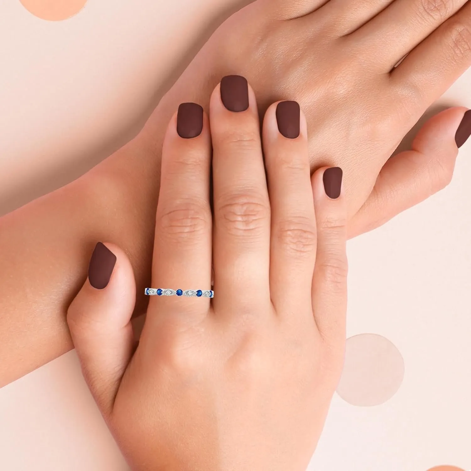 10K Gold or Silver Diamond and Blue Sapphire Eternity Band Ring (1/10 cttw, I-J Color, I2-I3 Clarity)