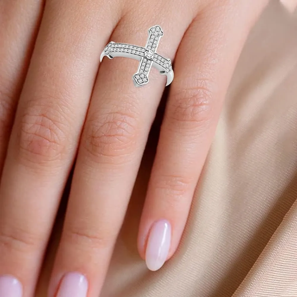 10K Gold or Silver Diamond Cross Band Ring (1/3 cttw, I-J Color, I2-I3 Clarity)