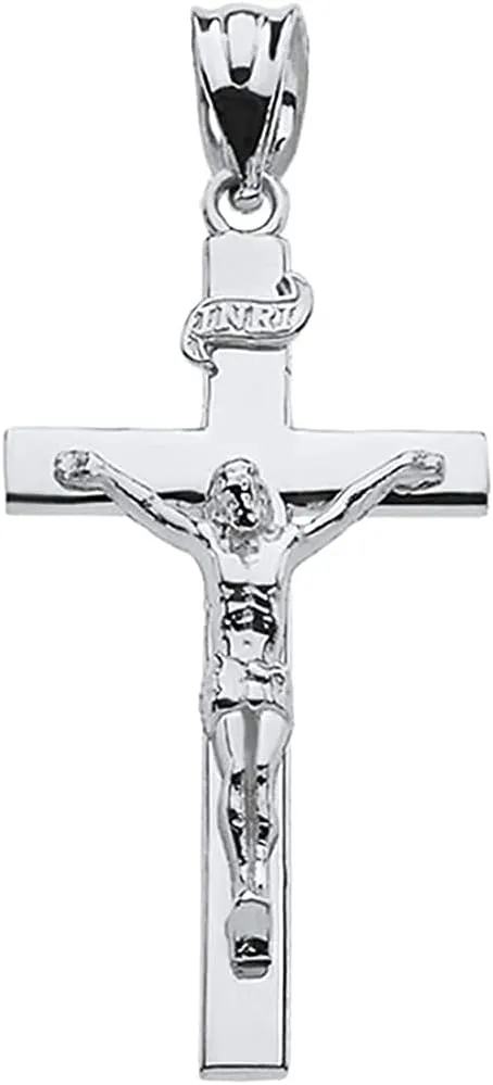 10K White Gold Catholic Linear Cross INRI Crucifix Pendant Charm - Choice of Size