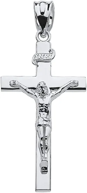 10K White Gold Catholic Linear Cross INRI Crucifix Pendant Charm - Choice of Size