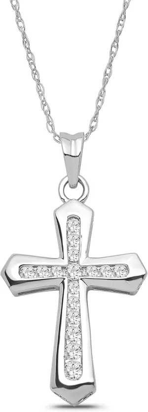 10K White Gold Round shape Diamond Cross Pendant with Sterling Silver Chain Necklace (1/3 cttw, I-J Color, I2-I3 Clarity) 18''
