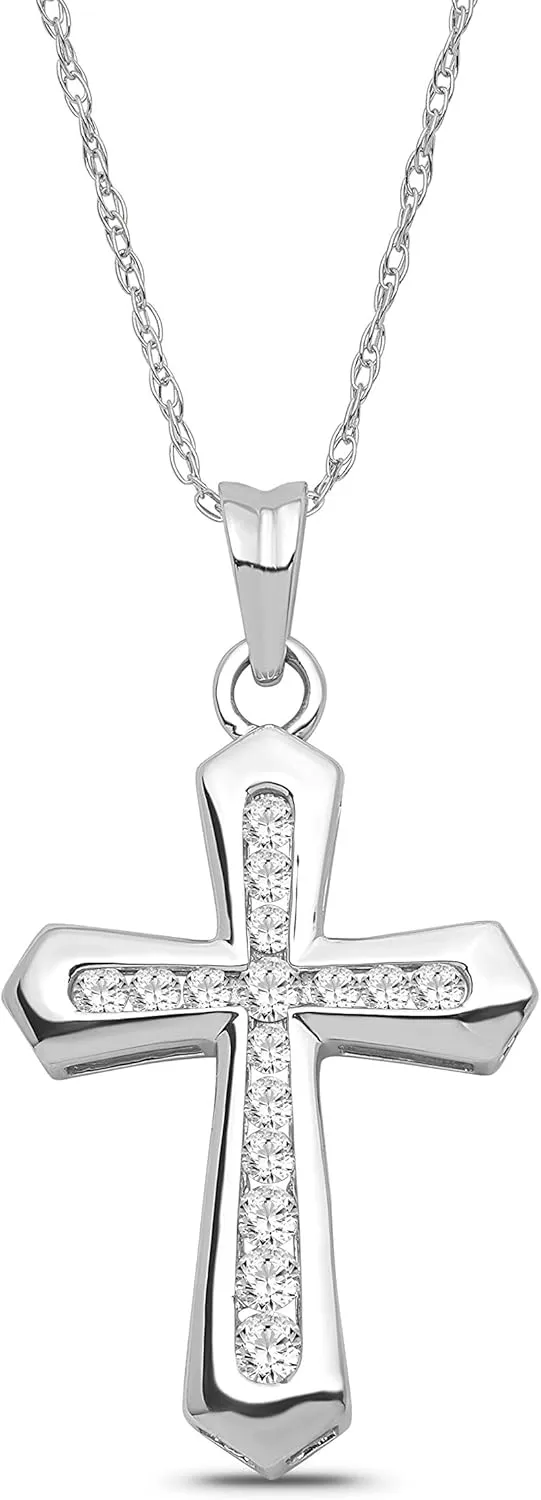 10K White Gold Round shape Diamond Cross Pendant with Sterling Silver Chain Necklace (1/3 cttw, I-J Color, I2-I3 Clarity) 18''