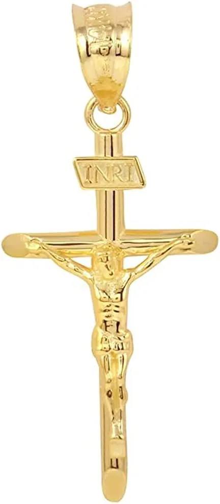 10K Yellow Gold 1.2" INRI Crucifix Cross Pendant Necklace - Choice of Rolo Chain Length or Charm Only