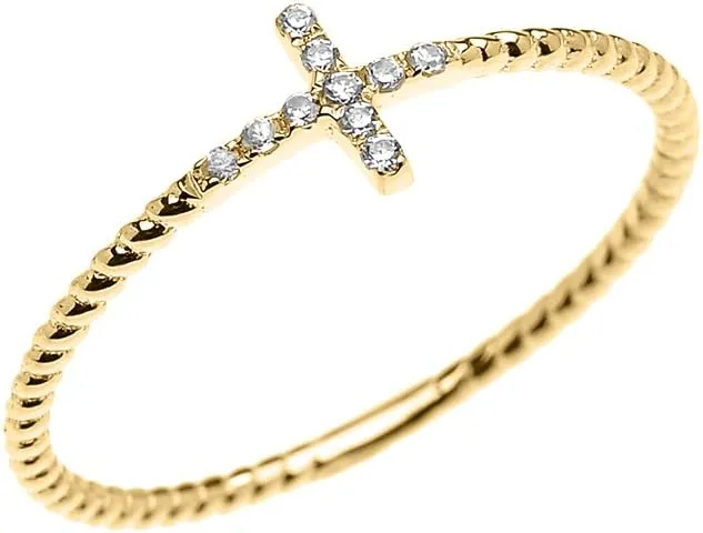 10K Yellow Gold Diamond Accented Sideways Cross Rope Design Statement Ring (K-M Color) - Size 7