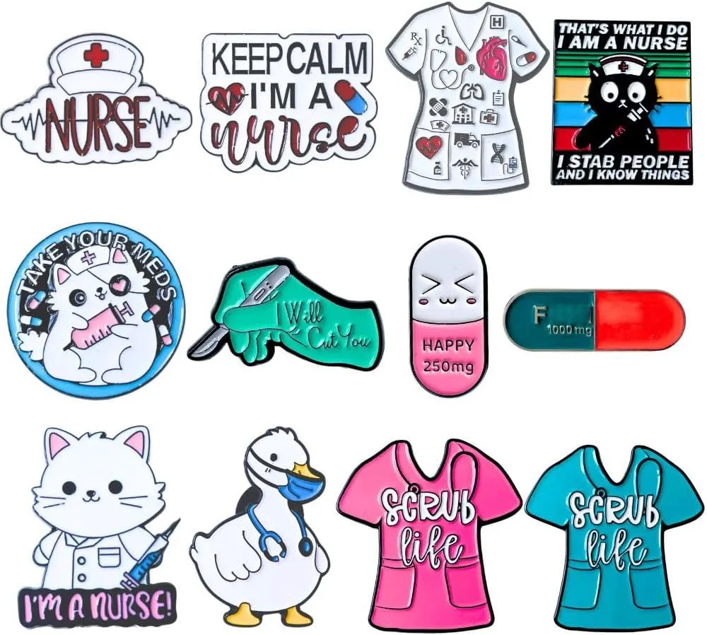 12PC Nurse Enamel Pin Label Badge Button Pins Medical Nursing for Nurses RN MA LPN CNA Healthcare Workers Phlebotomist Pharmacy Assistant Doctor Lab School Student Supplies Items Accessories Gifts