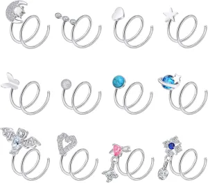 12Pcs Double Nose Rings Hoops for Single Piercing 20g Stainless Steel Spiral Nose Hoop Cute Star Butterfly Heart Twist Nose Piercing Jewelry Double Hoop Earrings for Women