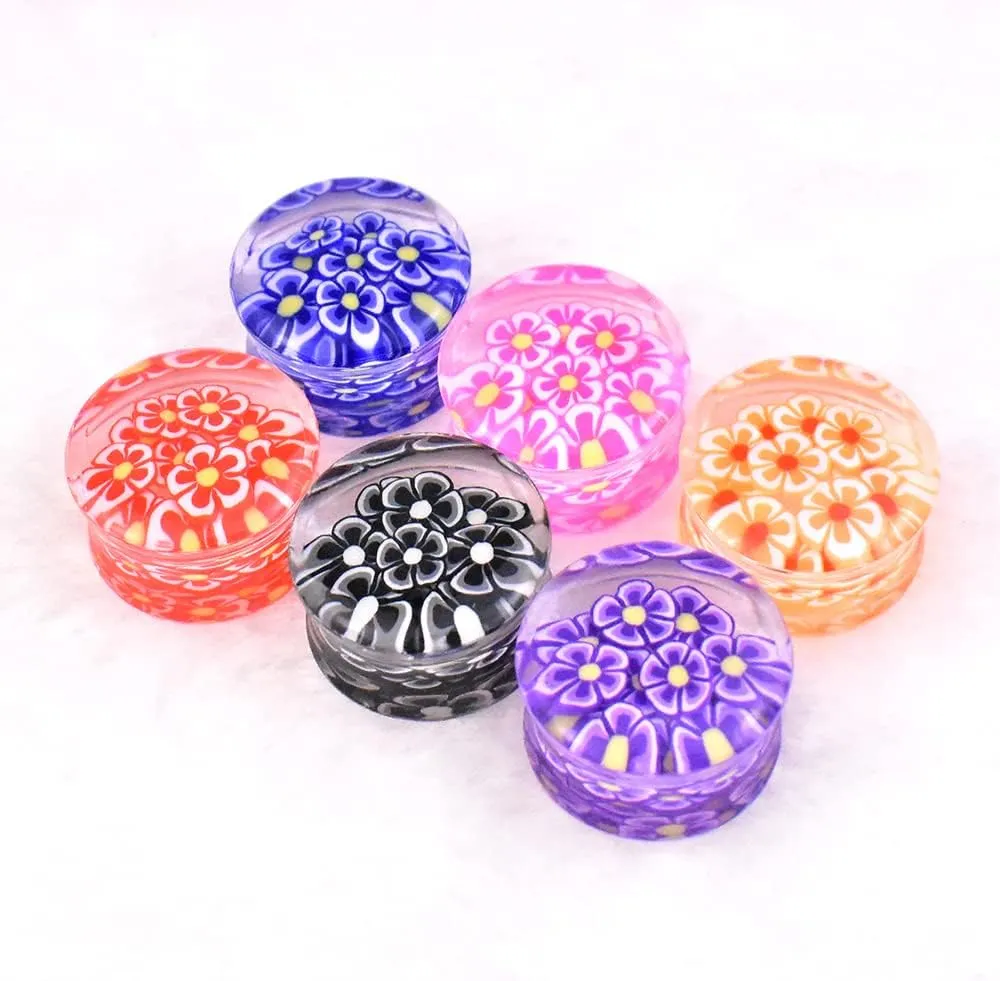 12Pcs/6pair Colorful Flowers Acrylic Ear Plug Tunnel Gauge Stretcher Ear Piercing Earring 8mm to 30mm