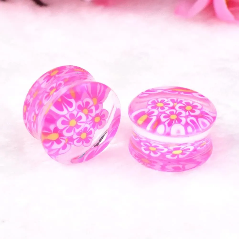 12Pcs/6pair Colorful Flowers Acrylic Ear Plug Tunnel Gauge Stretcher Ear Piercing Earring 8mm to 30mm