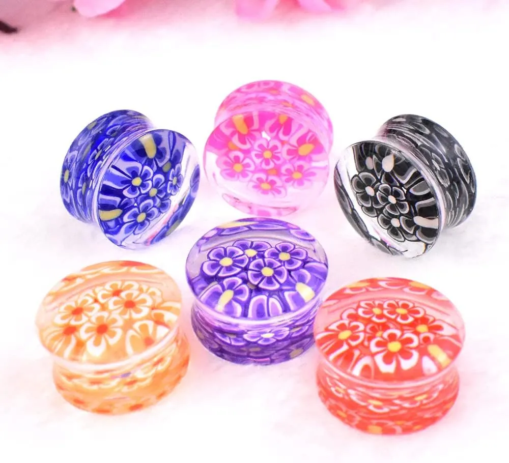 12Pcs/6pair Colorful Flowers Acrylic Ear Plug Tunnel Gauge Stretcher Ear Piercing Earring 8mm to 30mm