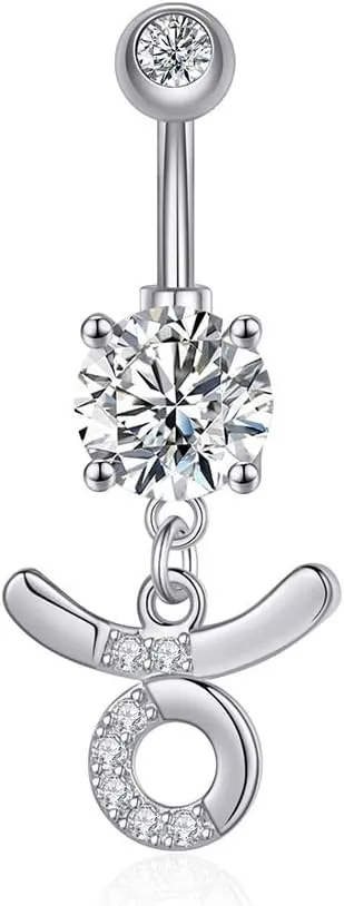 14G Dangle Belly Zodiac Signs Button Ring Silver Plated Clear CZ Zircon Stainless Steel Cute Belly Piercing Jewelry
