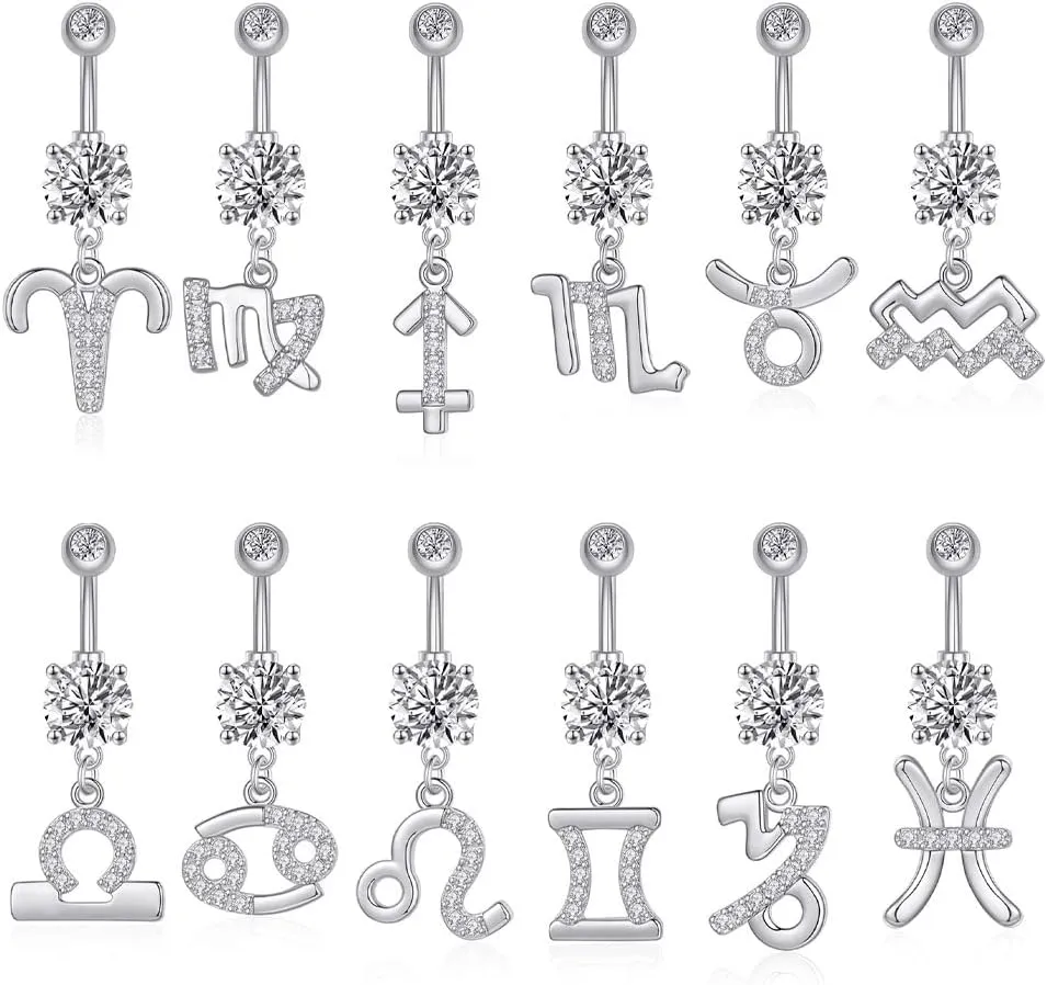 14G Dangle Belly Zodiac Signs Button Ring Silver Plated Clear CZ Zircon Stainless Steel Cute Belly Piercing Jewelry