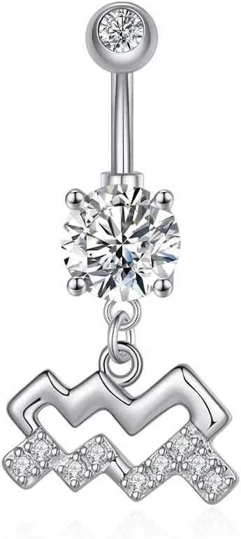 14G Dangle Belly Zodiac Signs Button Ring Silver Plated Clear CZ Zircon Stainless Steel Cute Belly Piercing Jewelry