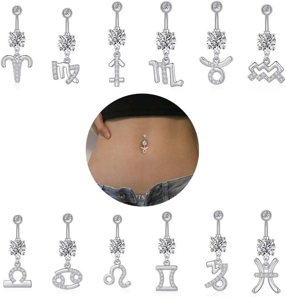 14G Dangle Belly Zodiac Signs Button Ring Silver Plated Clear CZ Zircon Stainless Steel Cute Belly Piercing Jewelry