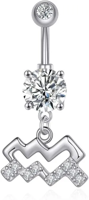 14G Dangle Belly Zodiac Signs Button Ring Silver Plated Clear CZ Zircon Stainless Steel Cute Belly Piercing Jewelry