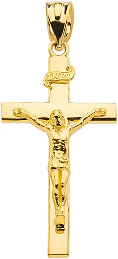 14k Gold Catholic Linear Cross INRI Crucifix Necklace Pendant Sizes (S-L)