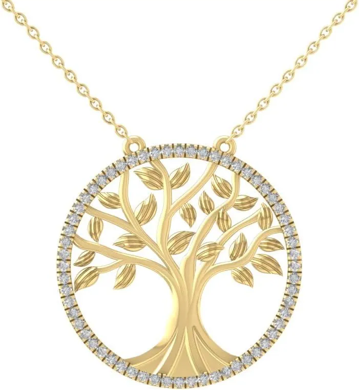 14K Gold Diamond Tree Of Life Pendant with Silver Cable Chain Necklace (1/4 cttw, I-J Color, I2-I3 Clarity) 18"