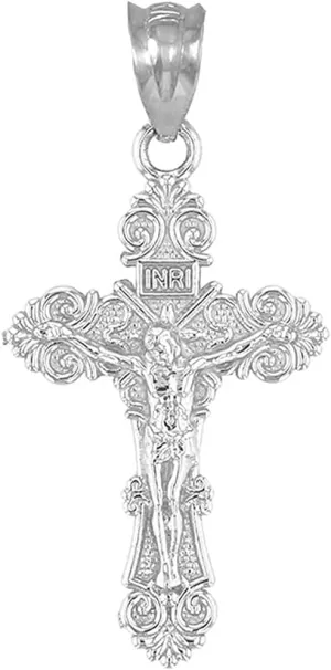 14K Gold Floral INRI Crucifix Pendant Charm - Choice of Metal