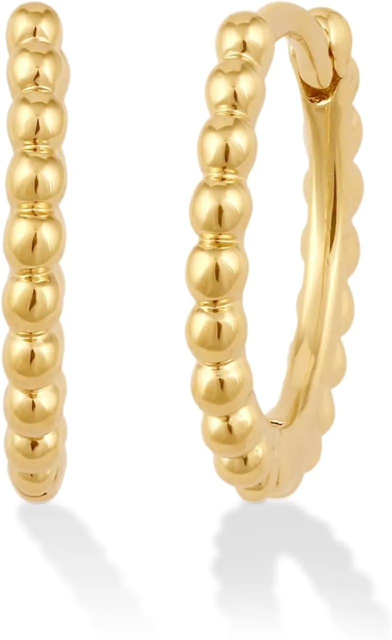 14K Gold or Platinum Plated Beaded Hoop Huggies Earrings for Women