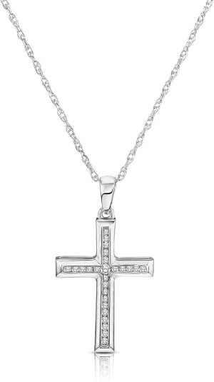 14K Gold or Silver Diamond Cross Pendant with Sterling Silver Rope Chain Necklace (1/8 cttw, I-J Color, I2-I3 Clarity) 18"