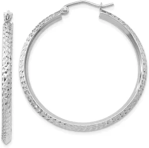 14K White Gold Knife Edge Diamond-cut 2.5x25mm Hoop Earrings