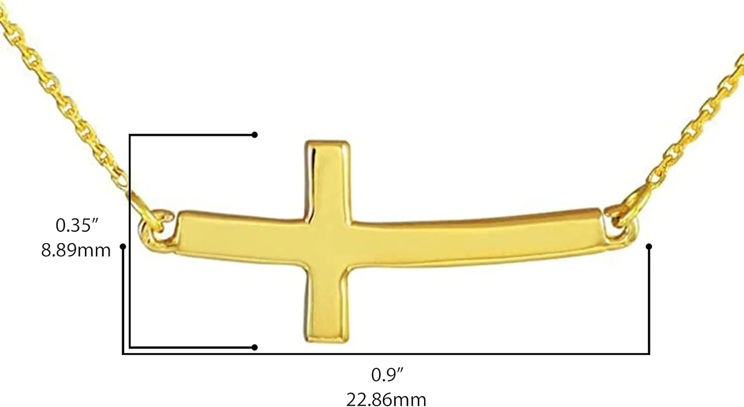 14K White or Yellow Gold Sideways Curved Cross Necklace - Choice of Metal Color and Necklace Length
