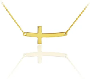 14K White or Yellow Gold Sideways Curved Cross Necklace - Choice of Metal Color and Necklace Length