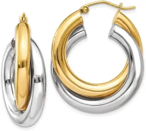 14k Yellow and White Gold Two Tone Double Tube Hoop Earrings - 28mm x 8mm