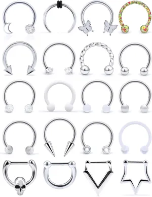 16g Surgical Steel Septum Ring - 10mm Horseshoe Septum Jewelry - Hypoallergenic Clicker Silver & Black - In Velvet Bag