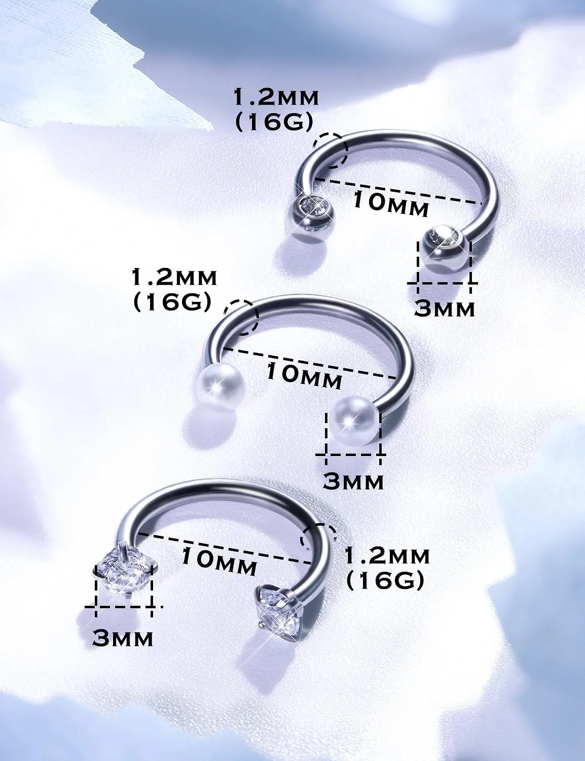16g Surgical Steel Septum Ring - 10mm Horseshoe Septum Jewelry - Hypoallergenic Clicker Silver & Black - In Velvet Bag