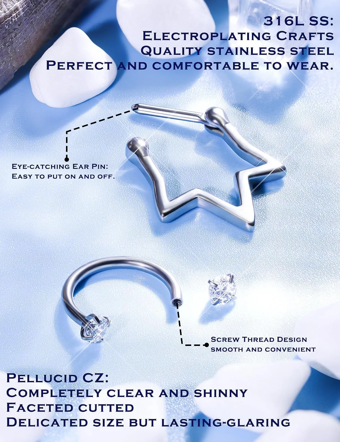 16g Surgical Steel Septum Ring - 10mm Horseshoe Septum Jewelry - Hypoallergenic Clicker Silver & Black - In Velvet Bag