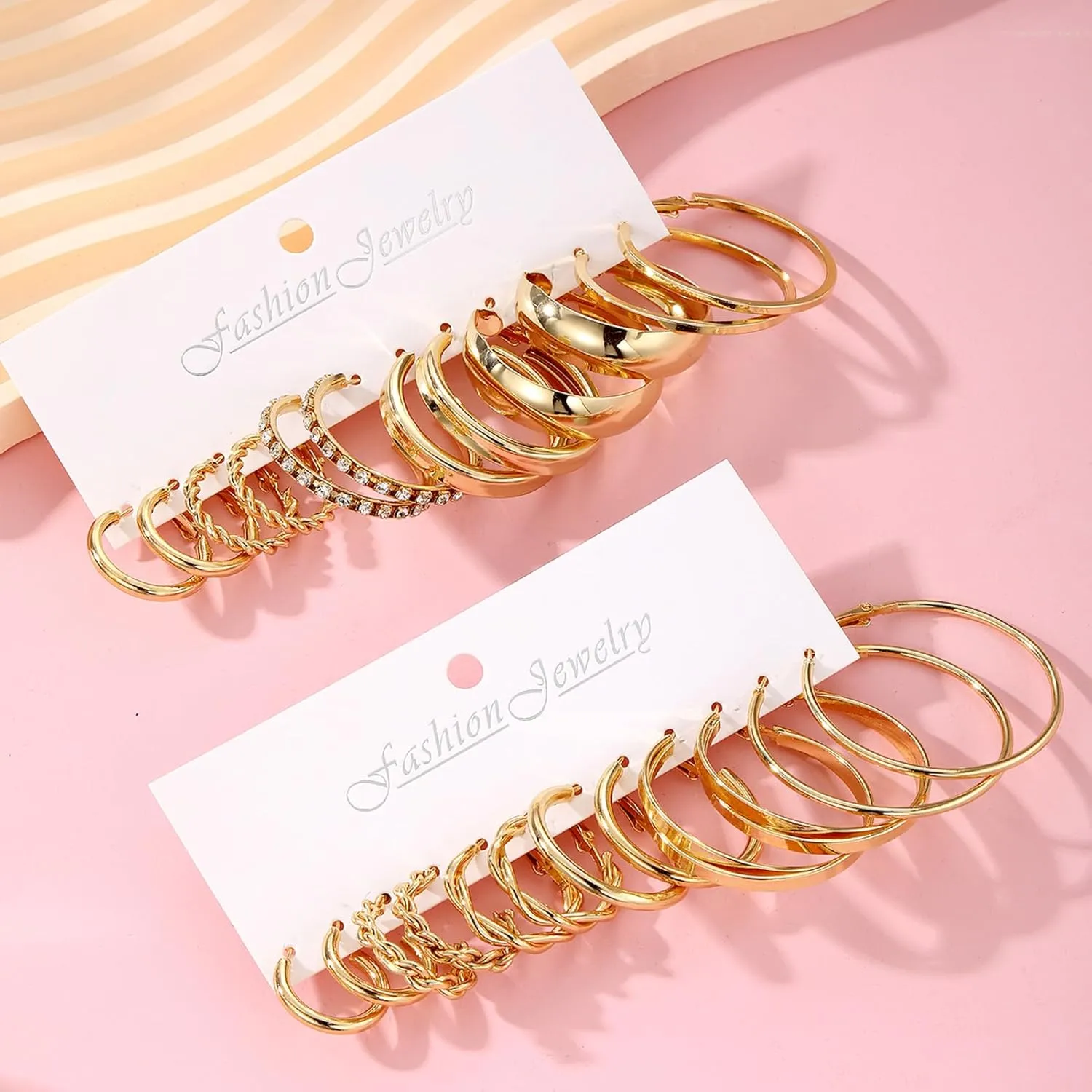 17IF 12 Pairs Gold Hoop Earring Set for Women Chunky Smooth Surface Trendy Small to Big Stud Earring Lightweight Twisted Pearl Ear Pack