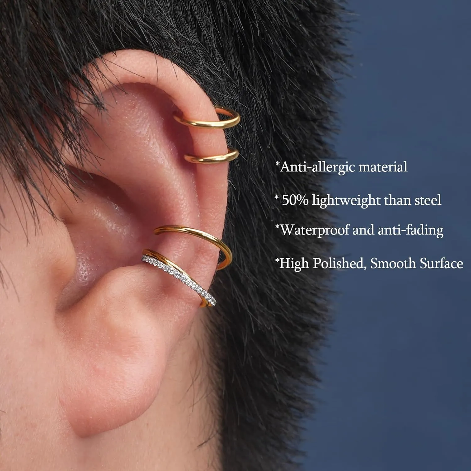 18G 16G Titanium Cartilage Earrings Crystal Nose Hoop for Women Diameter 6mm 8mm 10mm 12mm CZ Helix Conch Daith Rook Tragus Lobe Snug Lip Nostril Rings Body Piercing Jewelry-Silver-Gold-Black
