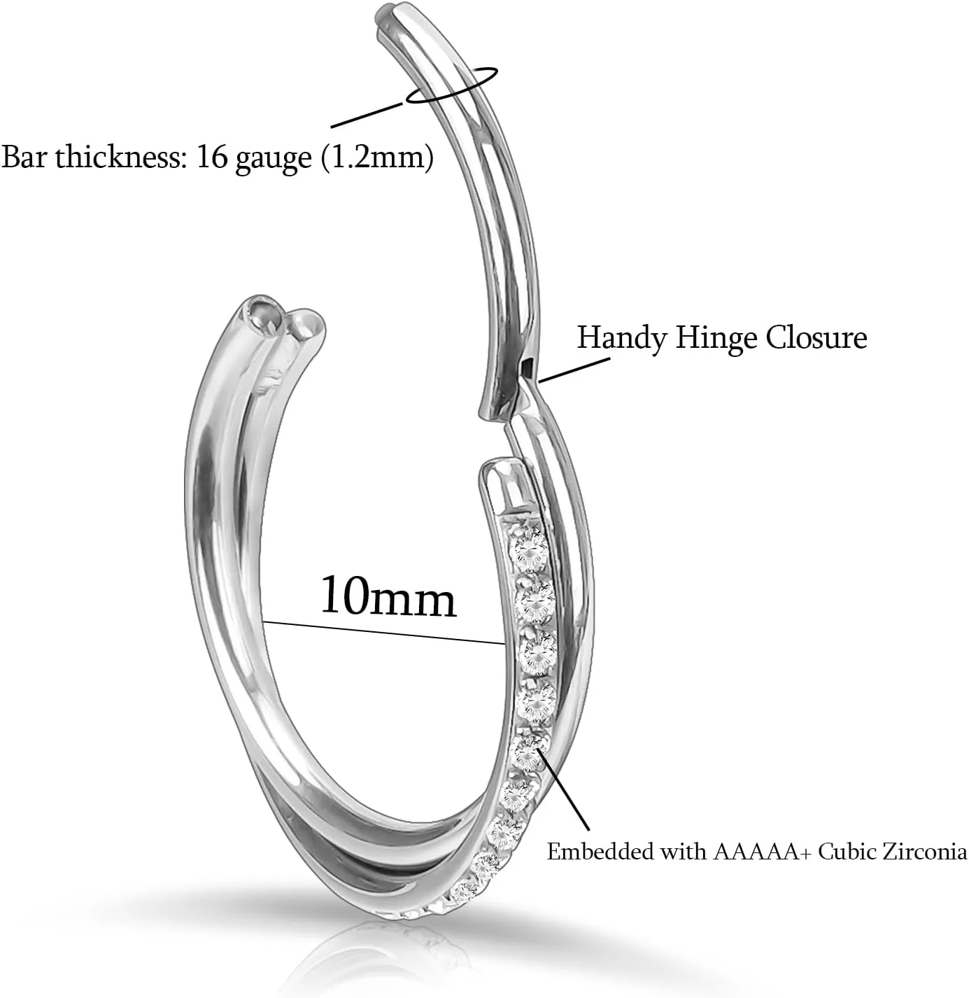 18G 16G Titanium Cartilage Earrings Crystal Nose Hoop for Women Diameter 6mm 8mm 10mm 12mm CZ Helix Conch Daith Rook Tragus Lobe Snug Lip Nostril Rings Body Piercing Jewelry-Silver-Gold-Black