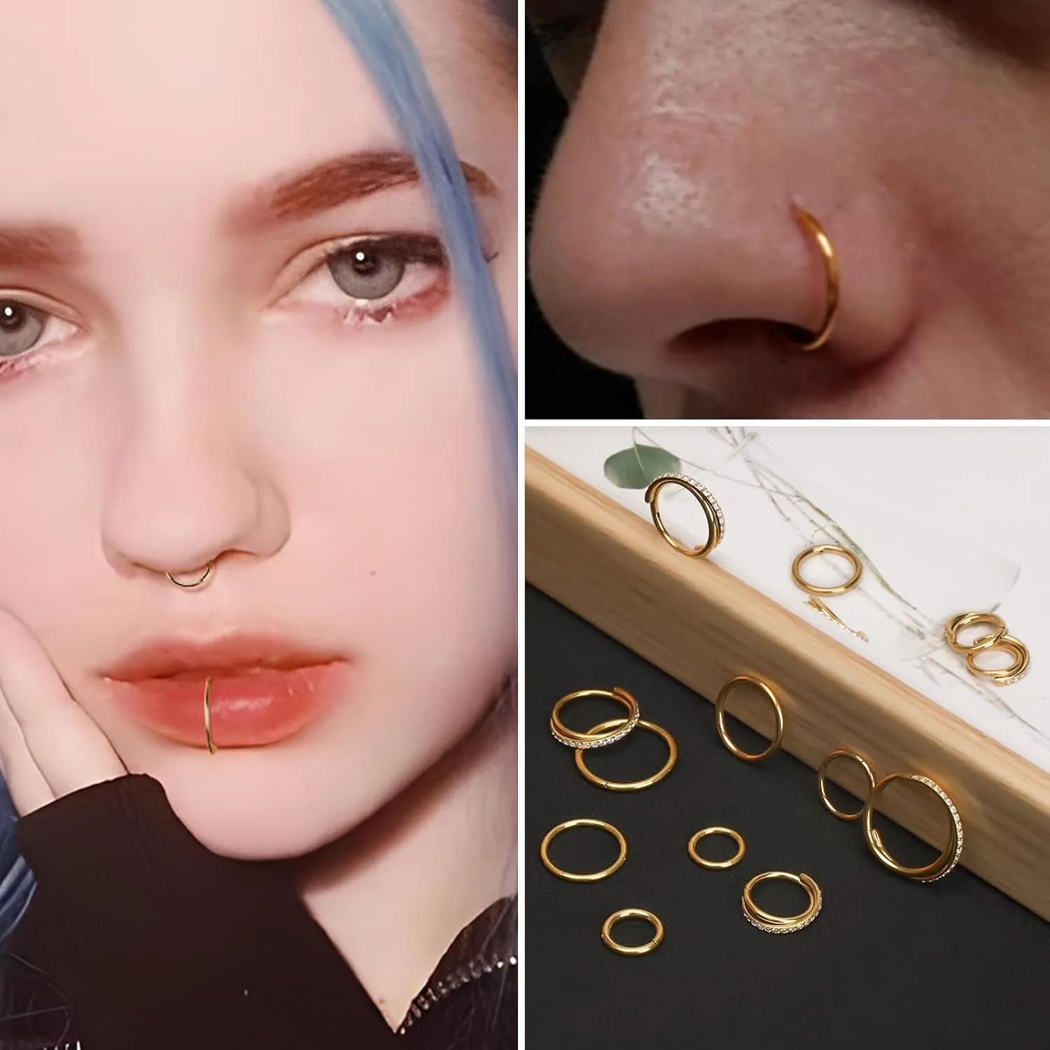 18G 16G Titanium Cartilage Earrings Crystal Nose Hoop for Women Diameter 6mm 8mm 10mm 12mm CZ Helix Conch Daith Rook Tragus Lobe Snug Lip Nostril Rings Body Piercing Jewelry-Silver-Gold-Black