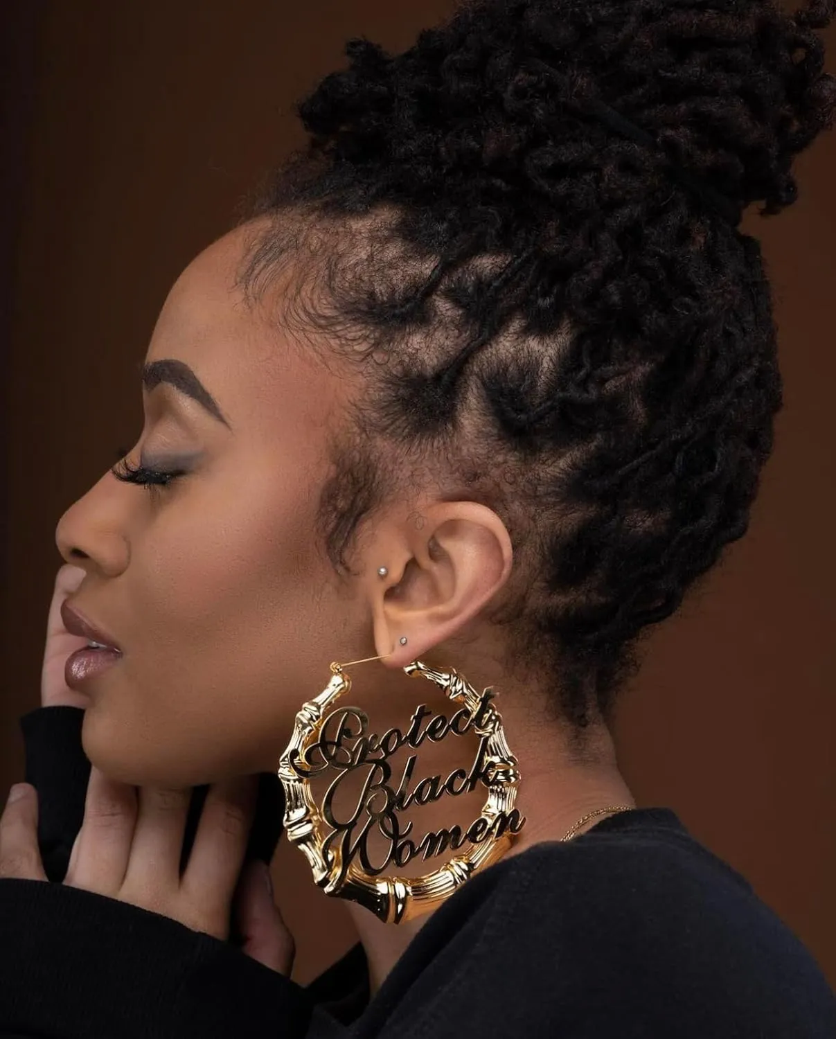 18k Gold Plated Protect Black Women Bamboo Hoop Earrings