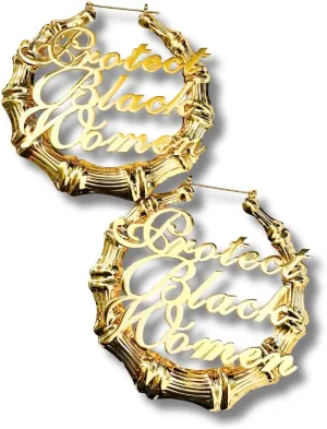 18k Gold Plated Protect Black Women Bamboo Hoop Earrings