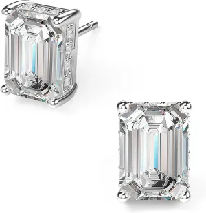 18K White Gold Plated Sterling Silver Emerald Cut Cubic Zirconia Stud Earrings Clear CZ Diamond Stud Earrings for Women Men Hypoallergenic
