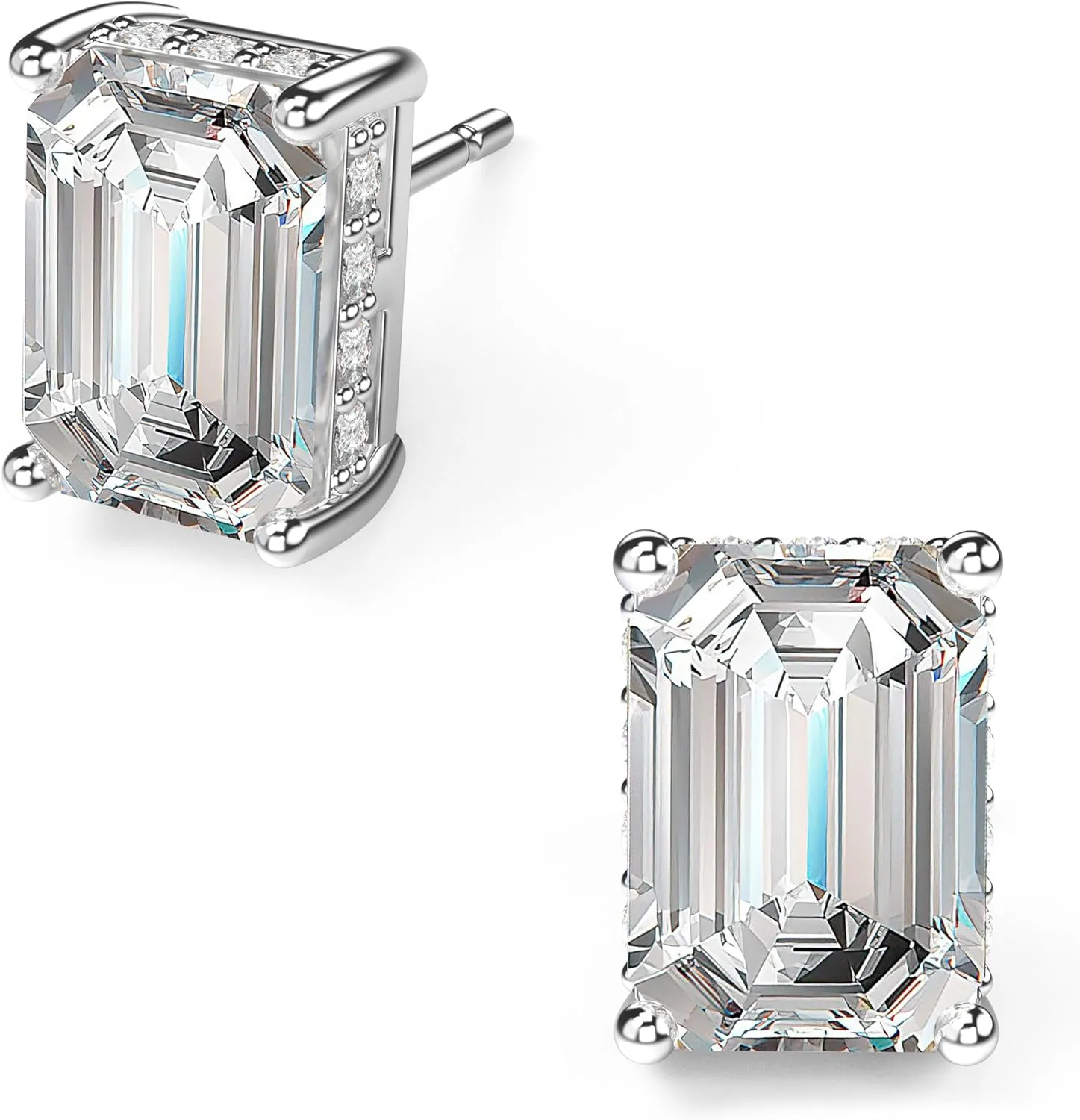 18K White Gold Plated Sterling Silver Emerald Cut Cubic Zirconia Stud Earrings Clear CZ Diamond Stud Earrings for Women Men Hypoallergenic