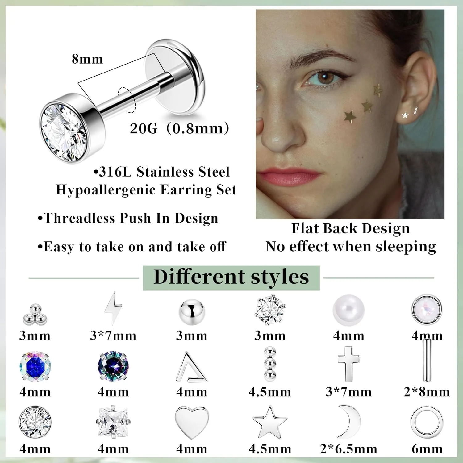 18Pairs 20G 316L Stainless Steel Threadless Push in Stud Earrings for Women Men Flat Back Cartilage Stud Earring Helix Tragus Stud CZ Heart Moon Star Ear Stud Piercing Jewelry