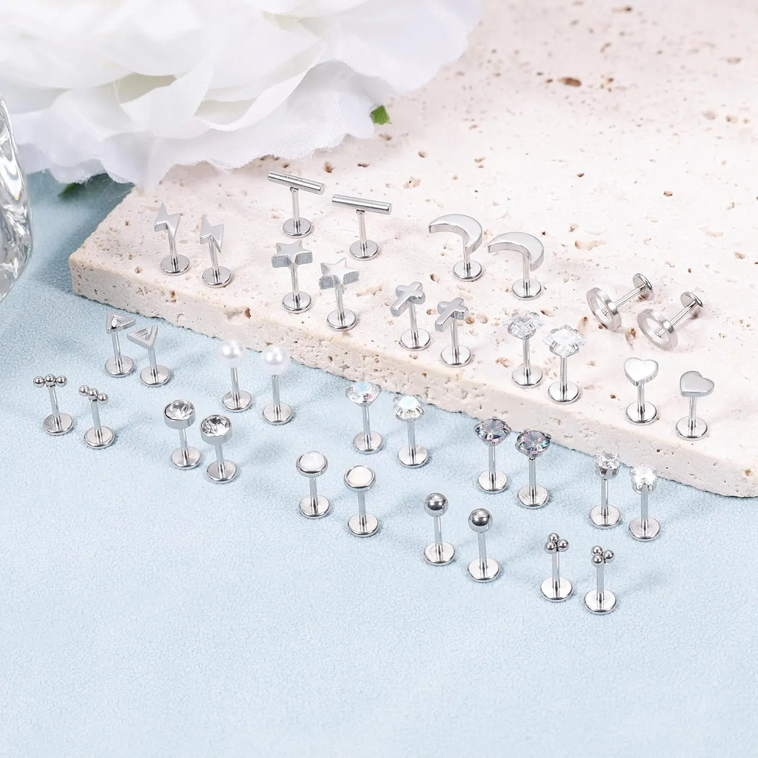 18Pairs 20G 316L Stainless Steel Threadless Push in Stud Earrings for Women Men Flat Back Cartilage Stud Earring Helix Tragus Stud CZ Heart Moon Star Ear Stud Piercing Jewelry