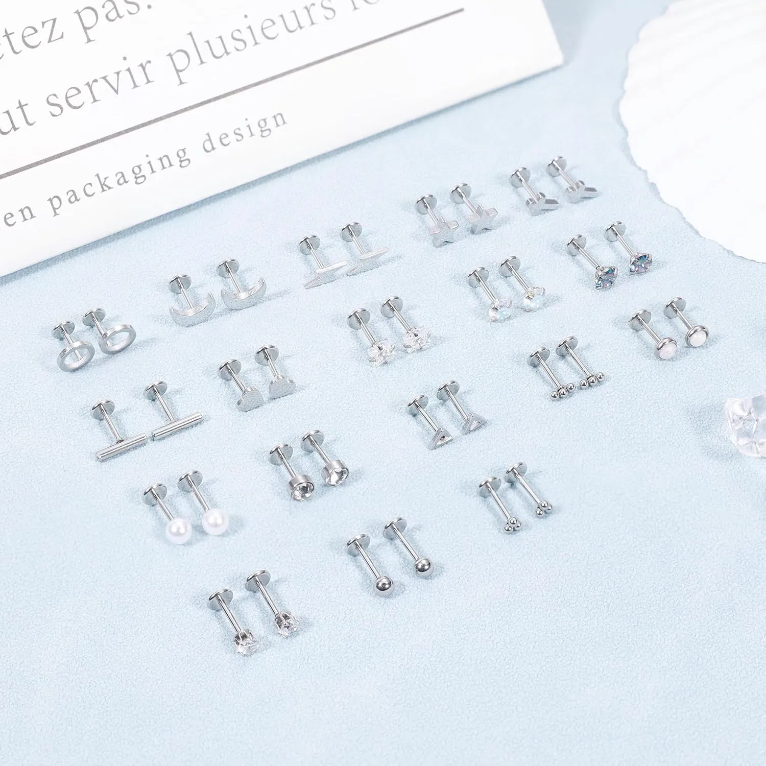 18Pairs 20G 316L Stainless Steel Threadless Push in Stud Earrings for Women Men Flat Back Cartilage Stud Earring Helix Tragus Stud CZ Heart Moon Star Ear Stud Piercing Jewelry