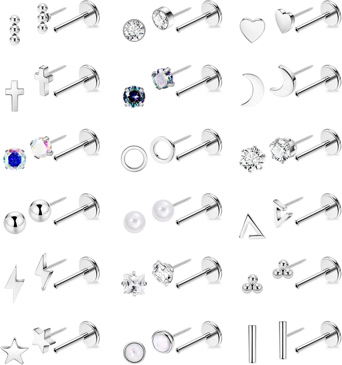 18Pairs 20G 316L Stainless Steel Threadless Push in Stud Earrings for Women Men Flat Back Cartilage Stud Earring Helix Tragus Stud CZ Heart Moon Star Ear Stud Piercing Jewelry
