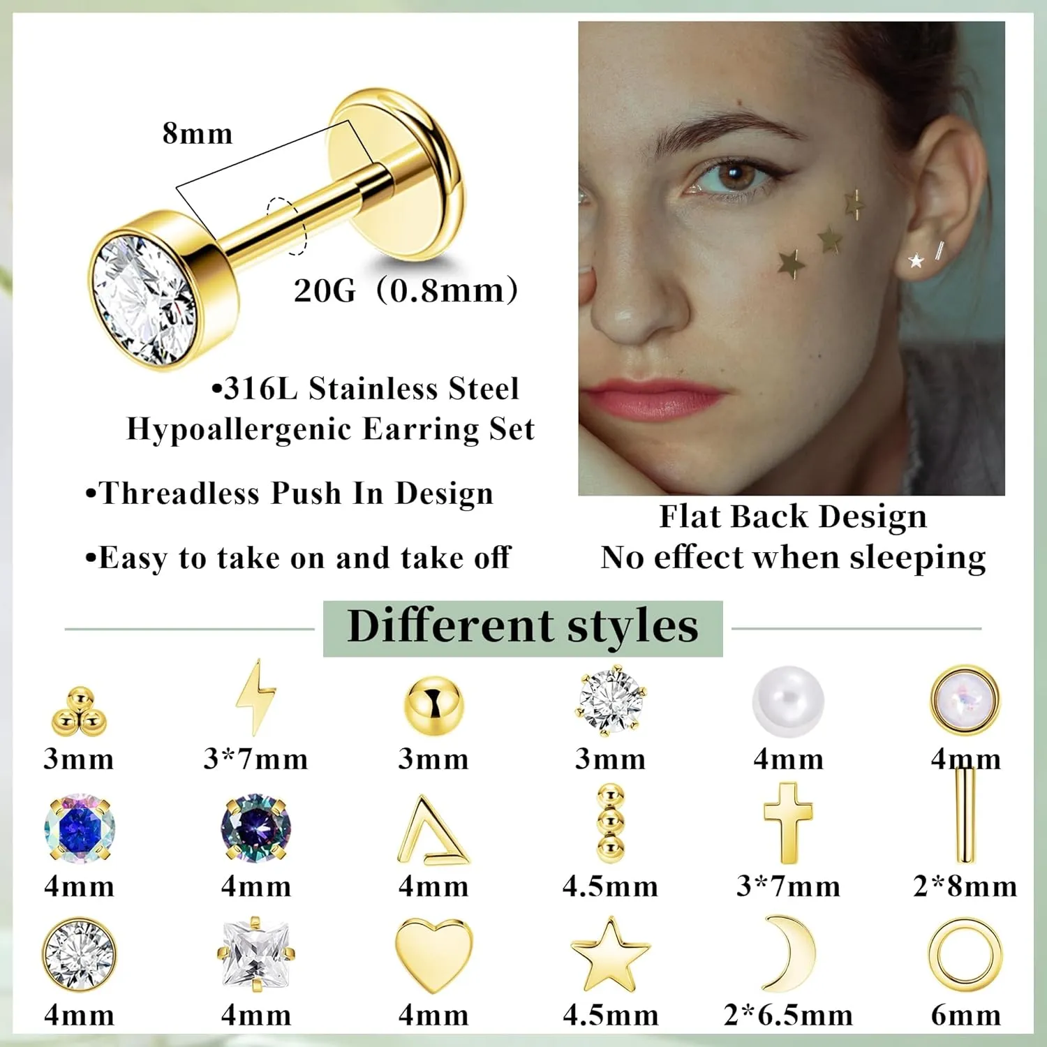 18Pairs 20G 316L Stainless Steel Threadless Push in Stud Earrings for Women Men Flat Back Cartilage Stud Earring Helix Tragus Stud CZ Heart Moon Star Ear Stud Piercing Jewelry