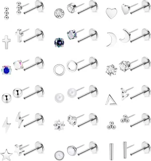 18Pairs 20G 316L Stainless Steel Threadless Push in Stud Earrings for Women Men Flat Back Cartilage Stud Earring Helix Tragus Stud CZ Heart Moon Star Ear Stud Piercing Jewelry